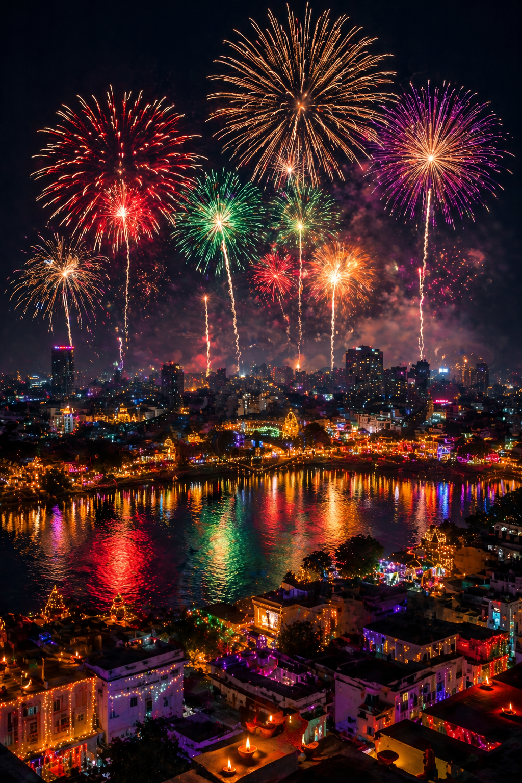 Diwali wallpaper spectacular fireworks over city skyline night sky fairy lights reflections water
